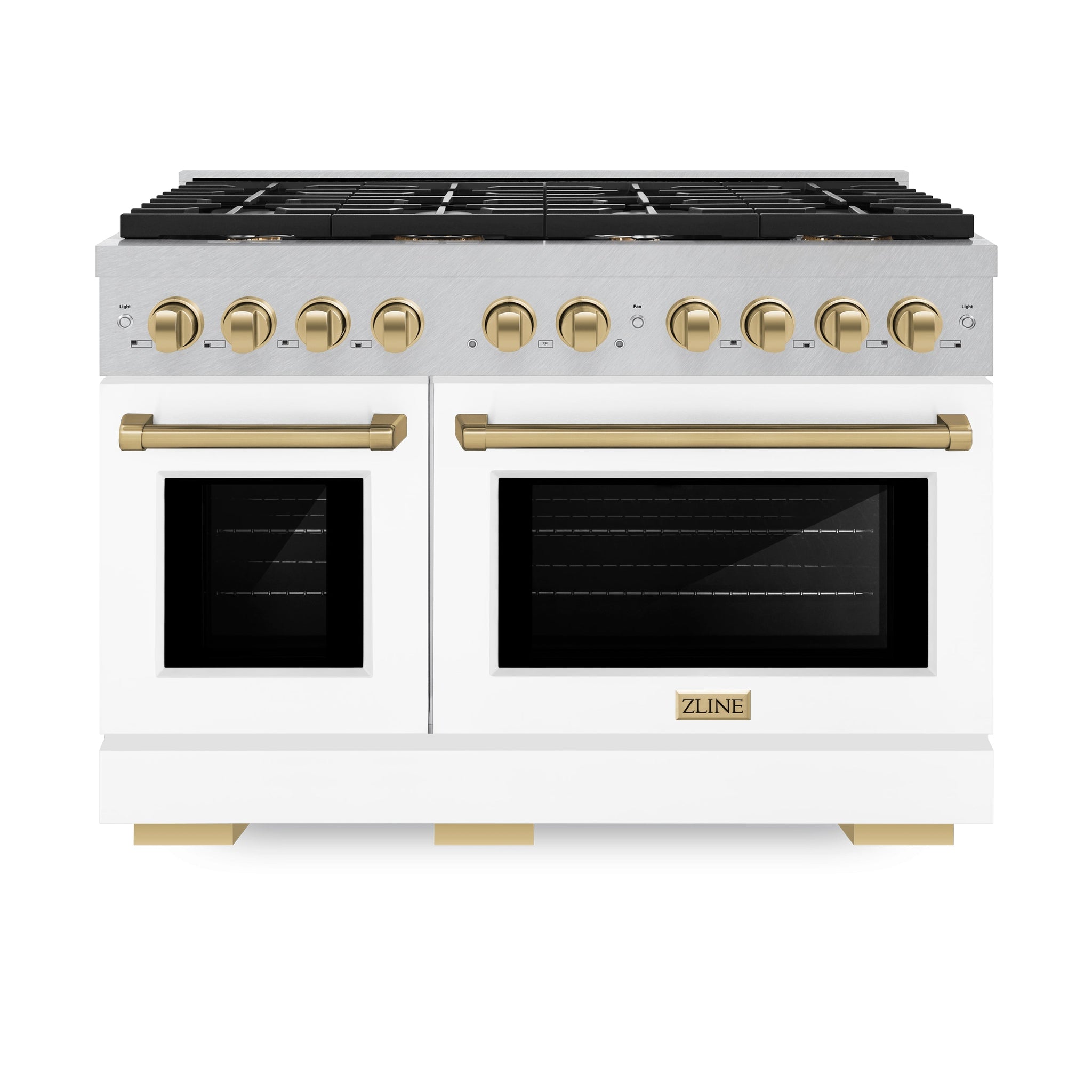 ZLINE Autograph Edition 48 in. 6.7 cu. ft. Paramount Double Oven Dual Fuel Range with 8 Burner Gas Cooktop in Satin Stainless Steel with White Matte Doors and Champagne Bronze Accents (SDRSZ-WM-48-CB)