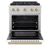 ZLINE Autograph Edition 30 in. 4.2 cu. ft. Paramount Gas Range with 4 Burner Cooktop and Convection Gas Oven in Satin Stainless Steel with White Matte Door and Champagne Bronze Accents (SGRSZ-WM-30-CB)