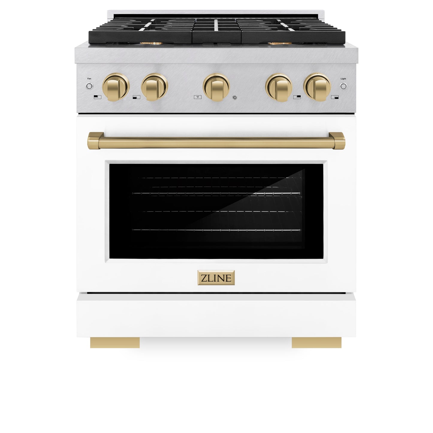 ZLINE Autograph Edition 30 in. 4.2 cu. ft. Paramount Gas Range with 4 Burner Cooktop and Convection Gas Oven in Satin Stainless Steel with White Matte Door and Champagne Bronze Accents (SGRSZ-WM-30-CB)