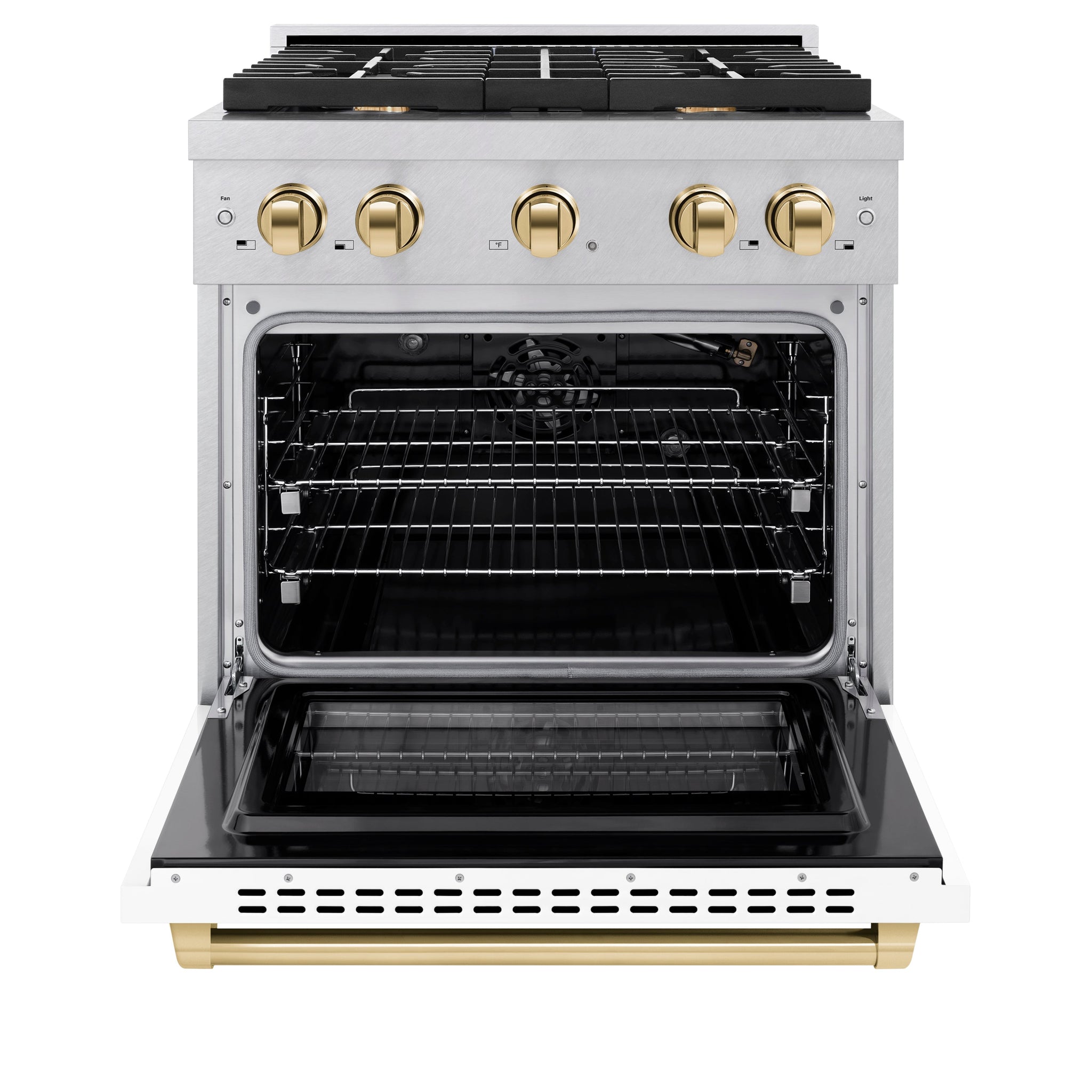 ZLINE Autograph Edition 30 in. 4.2 cu. ft. Paramount Gas Range with 4 Burner Cooktop and Convection Gas Oven in Satin Stainless Steel with White Matte Door and Polished Gold Accents (SGRSZ-WM-30-G)