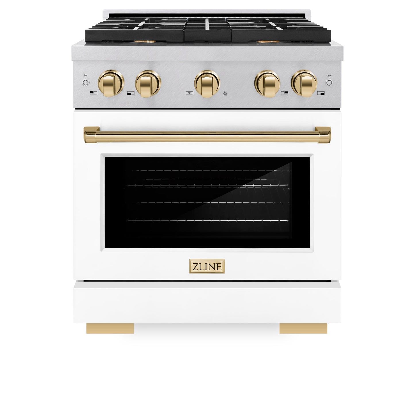 ZLINE Autograph Edition 30 in. 4.2 cu. ft. Paramount Gas Range with 4 Burner Cooktop and Convection Gas Oven in Satin Stainless Steel with White Matte Door and Polished Gold Accents (SGRSZ-WM-30-G)