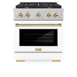 ZLINE Autograph Edition 30 in. 4.2 cu. ft. Paramount Gas Range with 4 Burner Cooktop and Convection Gas Oven in Satin Stainless Steel with White Matte Door and Polished Gold Accents (SGRSZ-WM-30-G)