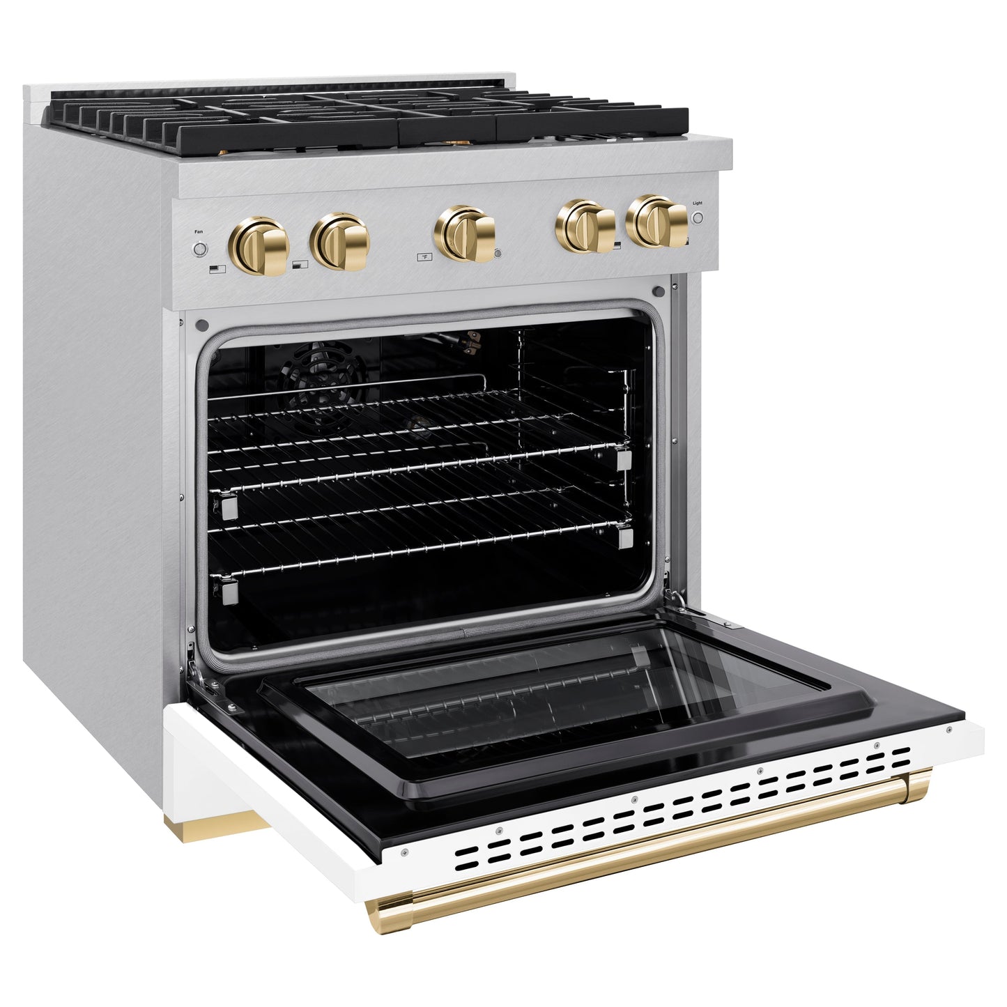 ZLINE Autograph Edition 30 in. 4.2 cu. ft. Paramount Gas Range with 4 Burner Cooktop and Convection Gas Oven in Satin Stainless Steel with White Matte Door and Polished Gold Accents (SGRSZ-WM-30-G)