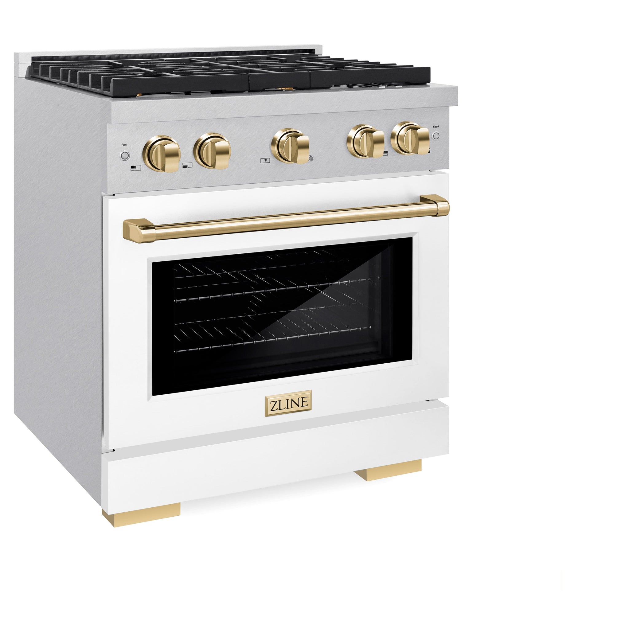 ZLINE Autograph Edition 30 in. 4.2 cu. ft. Paramount Gas Range with 4 Burner Cooktop and Convection Gas Oven in Satin Stainless Steel with White Matte Door and Polished Gold Accents (SGRSZ-WM-30-G)