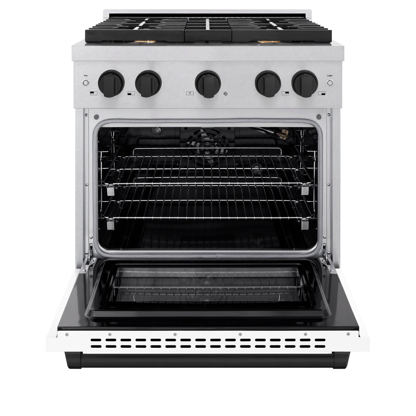 ZLINE Autograph Edition 30 in. 4.2 cu. ft. Paramount Gas Range with 4 Burner Cooktop and Convection Gas Oven in Satin Stainless Steel with White Matte Door and Matte Black Accents (SGRSZ-WM-30-MB)