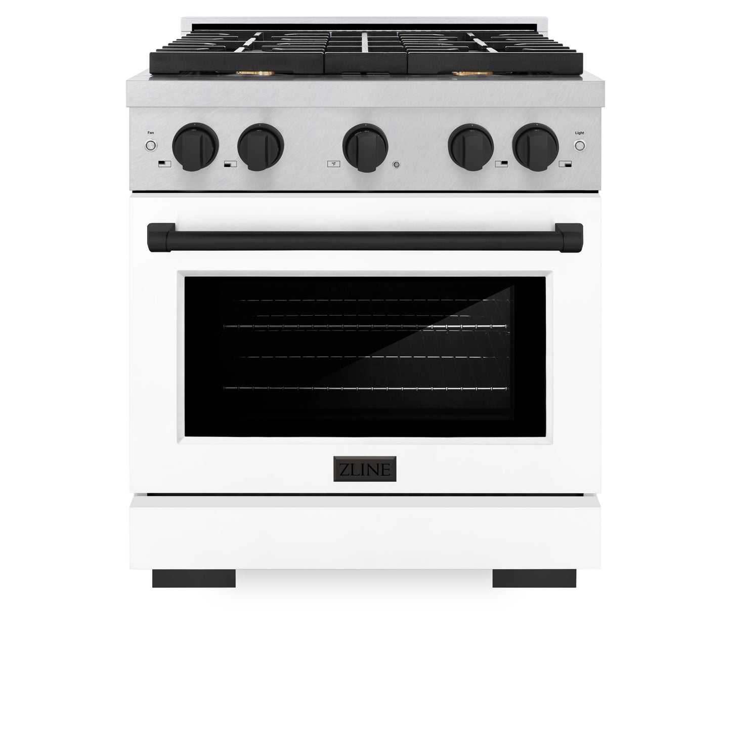 ZLINE Autograph Edition 30 in. 4.2 cu. ft. Paramount Gas Range with 4 Burner Cooktop and Convection Gas Oven in Satin Stainless Steel with White Matte Door and Matte Black Accents (SGRSZ-WM-30-MB)
