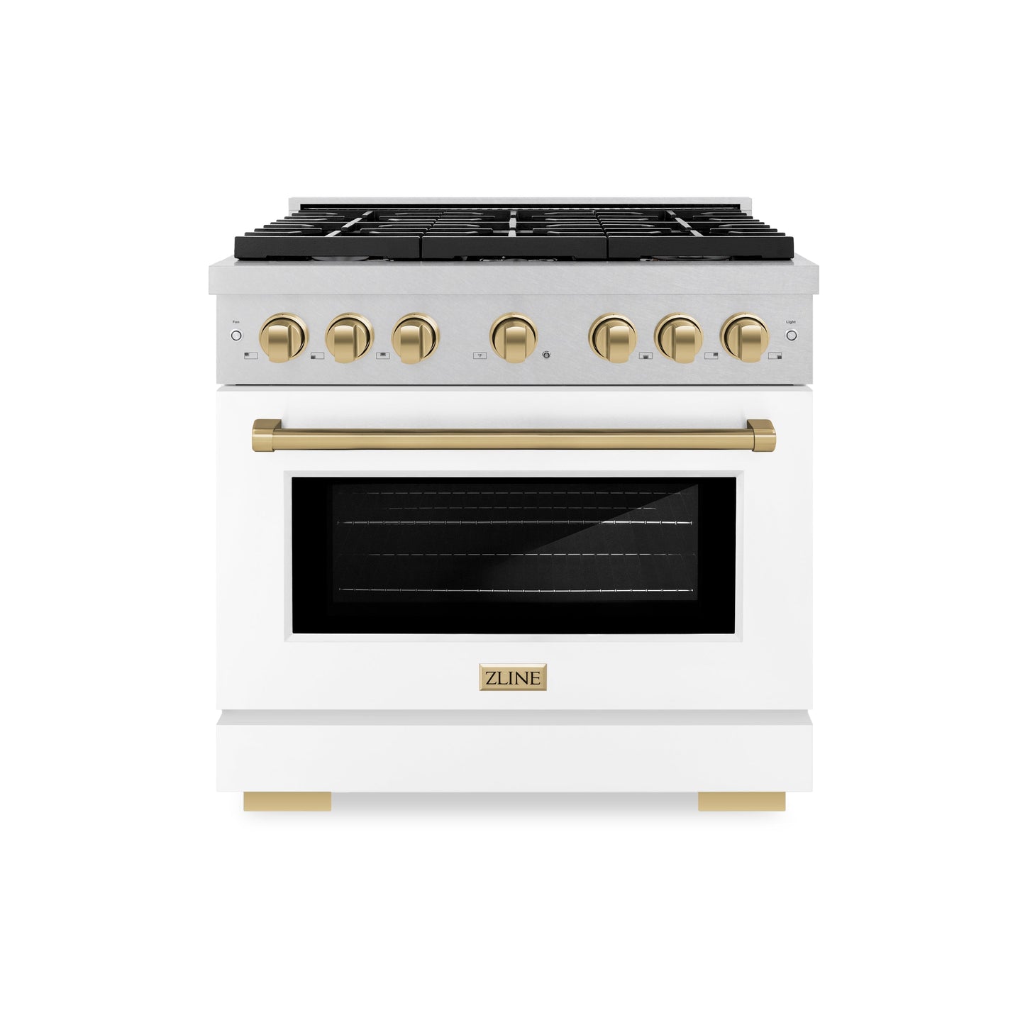 ZLINE Autograph Edition 36 in. 5.2 cu. ft. Paramount Gas Range with 6 Burner Cooktop and Convection Gas Oven in Satin Stainless Steel with White Matte Door and Champagne Bronze Accents (SGRSZ-WM-36-CB)
