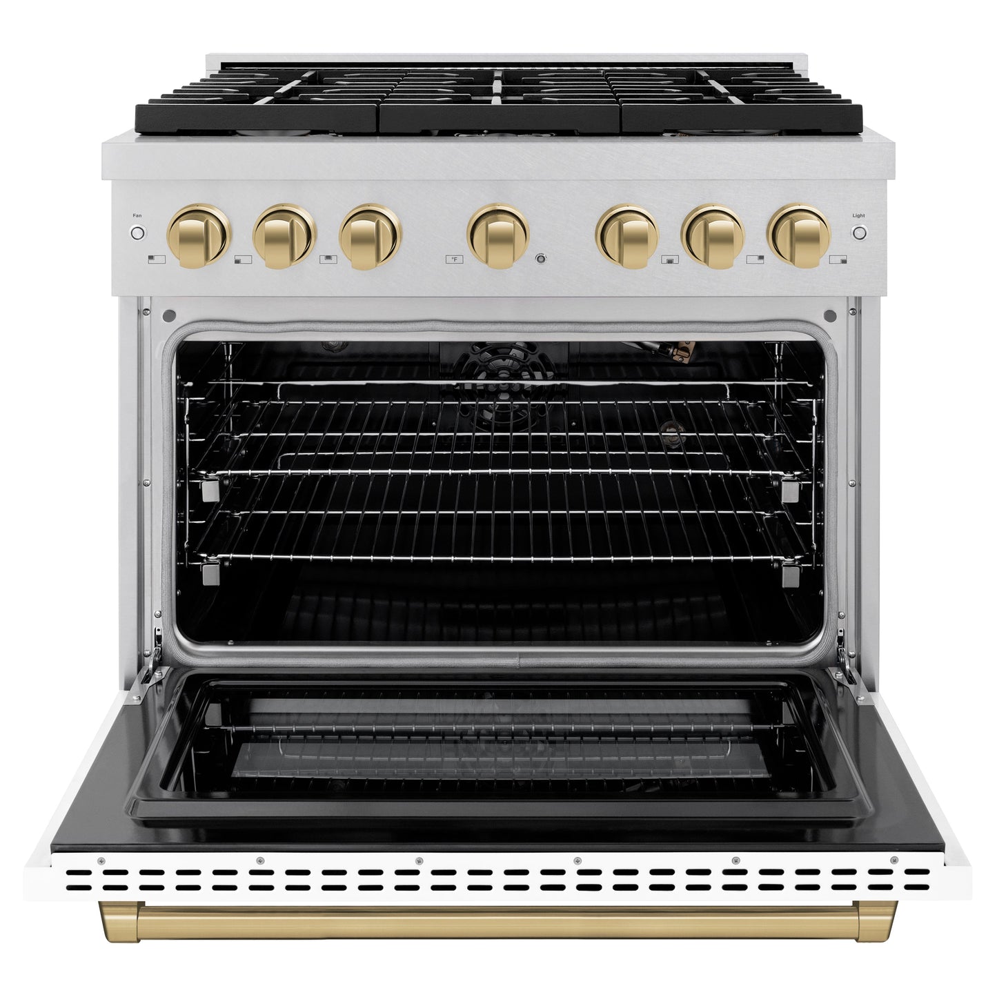 ZLINE Autograph Edition 36 in. 5.2 cu. ft. Paramount Gas Range with 6 Burner Cooktop and Convection Gas Oven in Satin Stainless Steel with White Matte Door and Champagne Bronze Accents (SGRSZ-WM-36-CB)