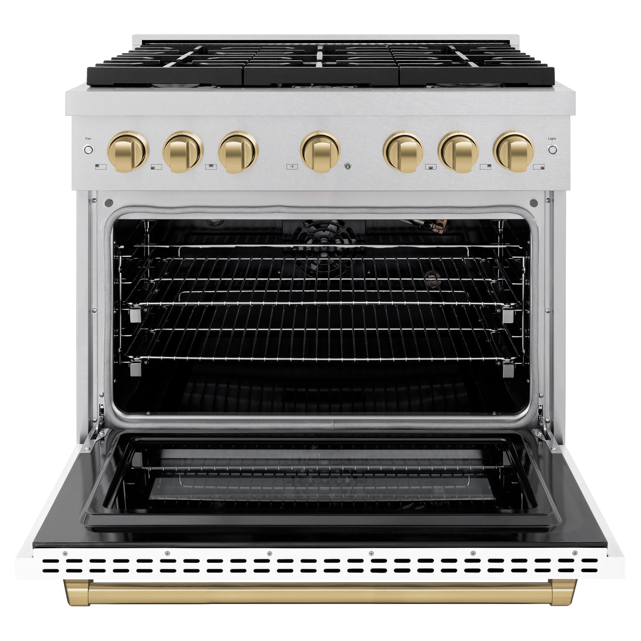 ZLINE Autograph Edition 36 in. 5.2 cu. ft. Paramount Gas Range with 6 Burner Cooktop and Convection Gas Oven in Satin Stainless Steel with White Matte Door and Champagne Bronze Accents (SGRSZ-WM-36-CB)