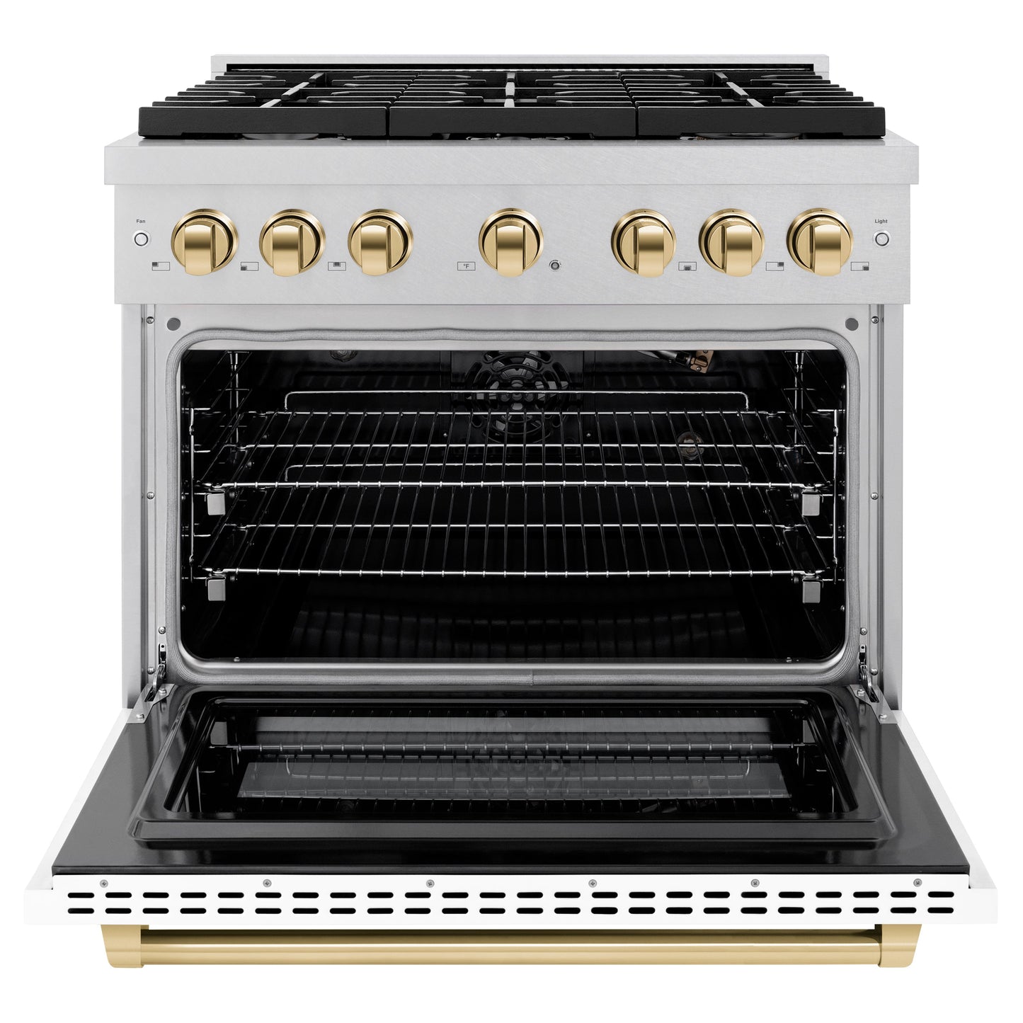ZLINE Autograph Edition 36 in. 5.2 cu. ft. Paramount Gas Range with 6 Burner Cooktop and Convection Gas Oven in Satin Stainless Steel with White Matte Door and Polished Gold Accents (SGRSZ-WM-36-G)