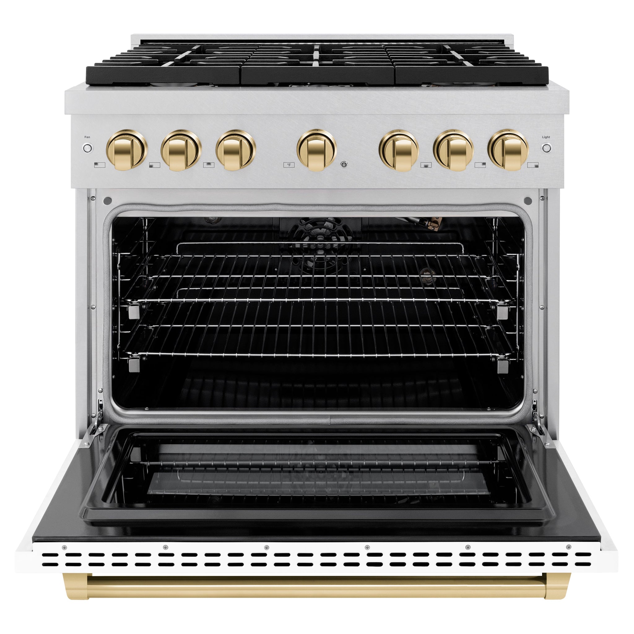ZLINE Autograph Edition 36 in. 5.2 cu. ft. Paramount Gas Range with 6 Burner Cooktop and Convection Gas Oven in Satin Stainless Steel with White Matte Door and Polished Gold Accents (SGRSZ-WM-36-G)