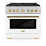 ZLINE Autograph Edition 36 in. 5.2 cu. ft. Paramount Gas Range with 6 Burner Cooktop and Convection Gas Oven in Satin Stainless Steel with White Matte Door and Polished Gold Accents (SGRSZ-WM-36-G)