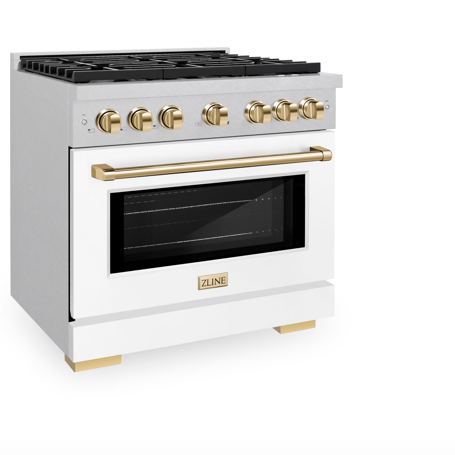 ZLINE Autograph Edition 36 in. 5.2 cu. ft. Paramount Gas Range with 6 Burner Cooktop and Convection Gas Oven in Satin Stainless Steel with White Matte Door and Polished Gold Accents (SGRSZ-WM-36-G)