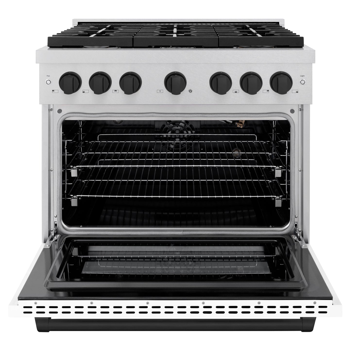 ZLINE Autograph Edition 36 in. 5.2 cu. ft. Paramount Gas Range with 6 Burner Cooktop and Convection Gas Oven in Satin Stainless Steel with White Matte Door and Matte Black Accents (SGRSZ-WM-36-MB)