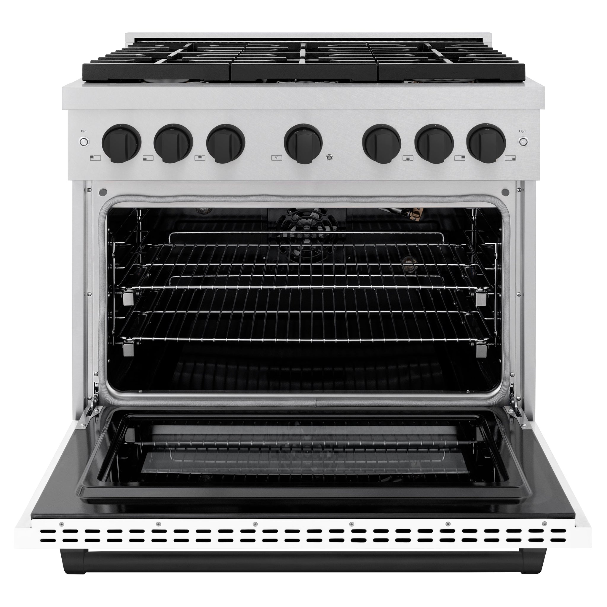 ZLINE Autograph Edition 36 in. 5.2 cu. ft. Paramount Gas Range with 6 Burner Cooktop and Convection Gas Oven in Satin Stainless Steel with White Matte Door and Matte Black Accents (SGRSZ-WM-36-MB)