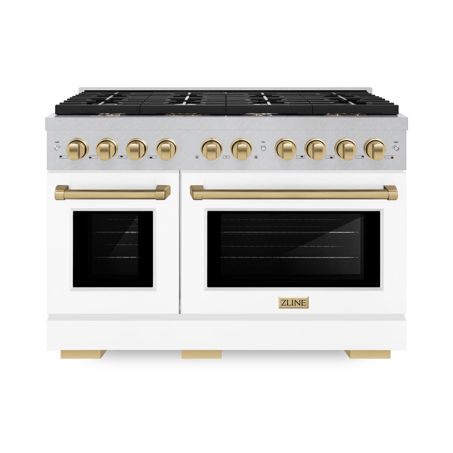 ZLINE Autograph Edition 48 in. 6.7 cu. ft. Paramount Double Oven Gas Range with 8 Burner Cooktop in Satin Stainless Steel with White Matte Doors and Champagne Bronze Accents (SGRSZ-WM-48-CB)