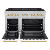 ZLINE Autograph Edition 48 in. 6.7 cu. ft. Paramount Double Oven Gas Range with 8 Burner Cooktop in Satin Stainless Steel with White Matte Doors and Champagne Bronze Accents (SGRSZ-WM-48-CB)
