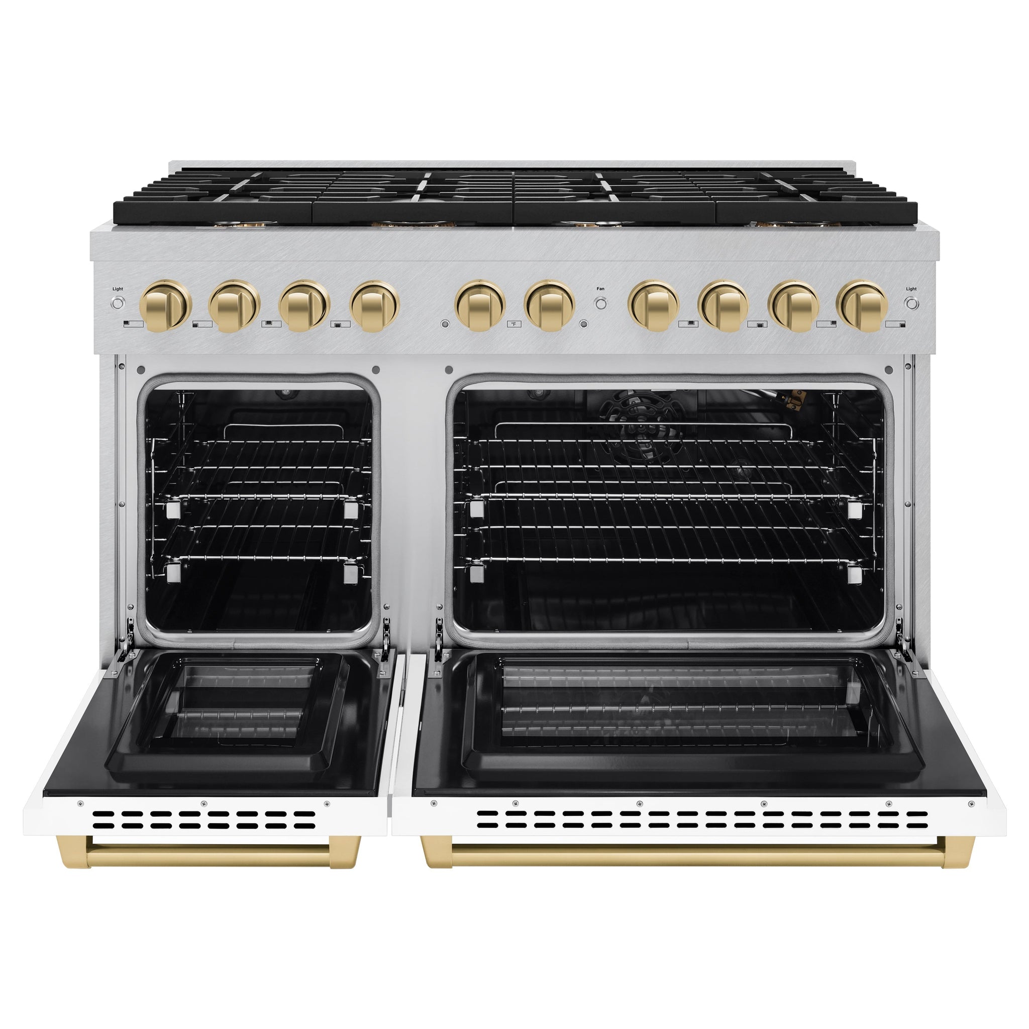 ZLINE Autograph Edition 48 in. 6.7 cu. ft. Paramount Double Oven Gas Range with 8 Burner Cooktop in Satin Stainless Steel with White Matte Doors and Champagne Bronze Accents (SGRSZ-WM-48-CB)