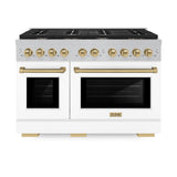 ZLINE Autograph Edition 48 in. 6.7 cu. ft. Paramount Double Oven Gas Range with 8 Burner Cooktop in Satin Stainless Steel with White Matte Doors and Champagne Bronze Accents (SGRSZ-WM-48-CB)