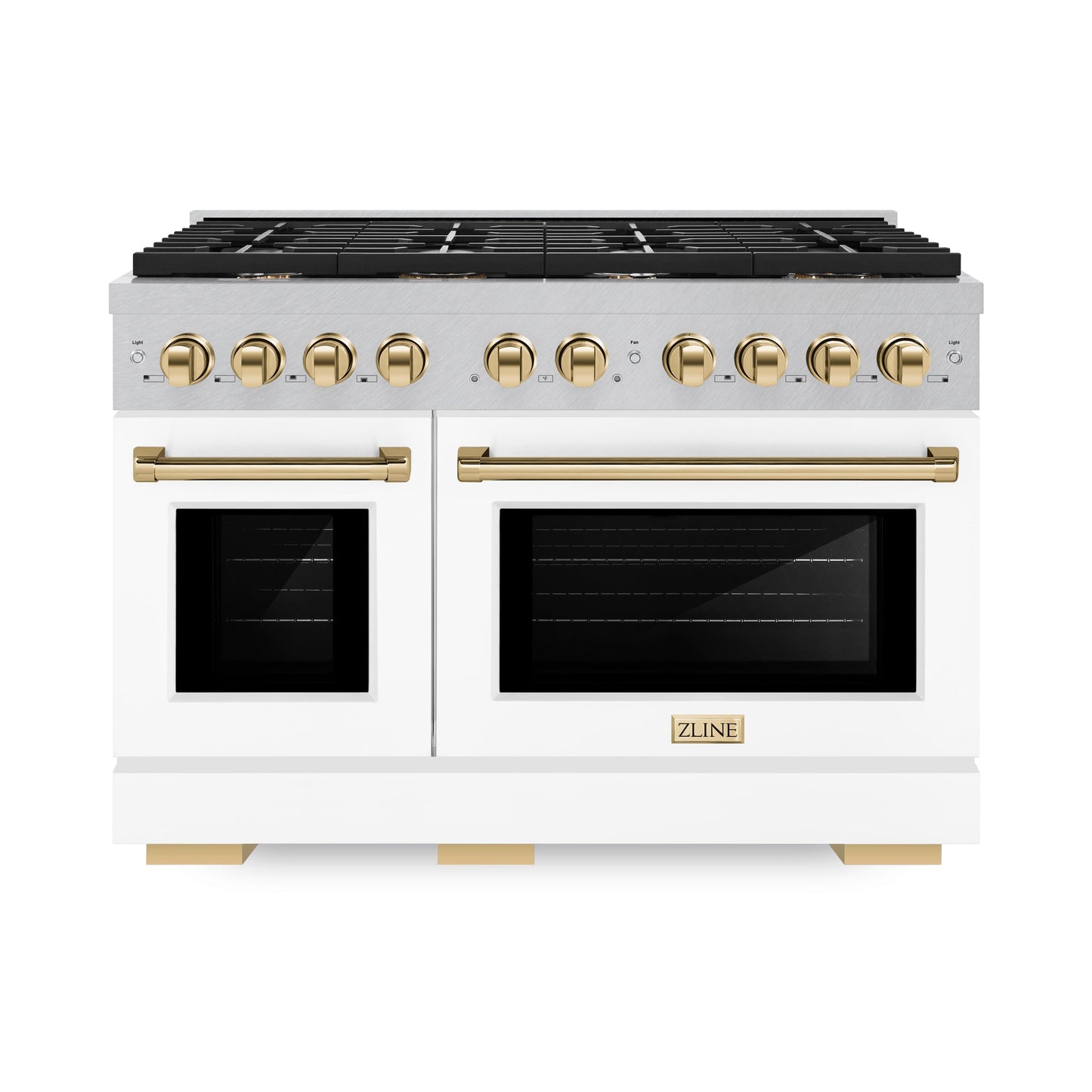 ZLINE Autograph Edition 48 in. 6.7 cu. ft. Paramount Double Oven Gas Range with 8 Burner Cooktop in Satin Stainless Steel with White Matte Doors and Polished Gold Accents (SGRSZ-WM-48-G)