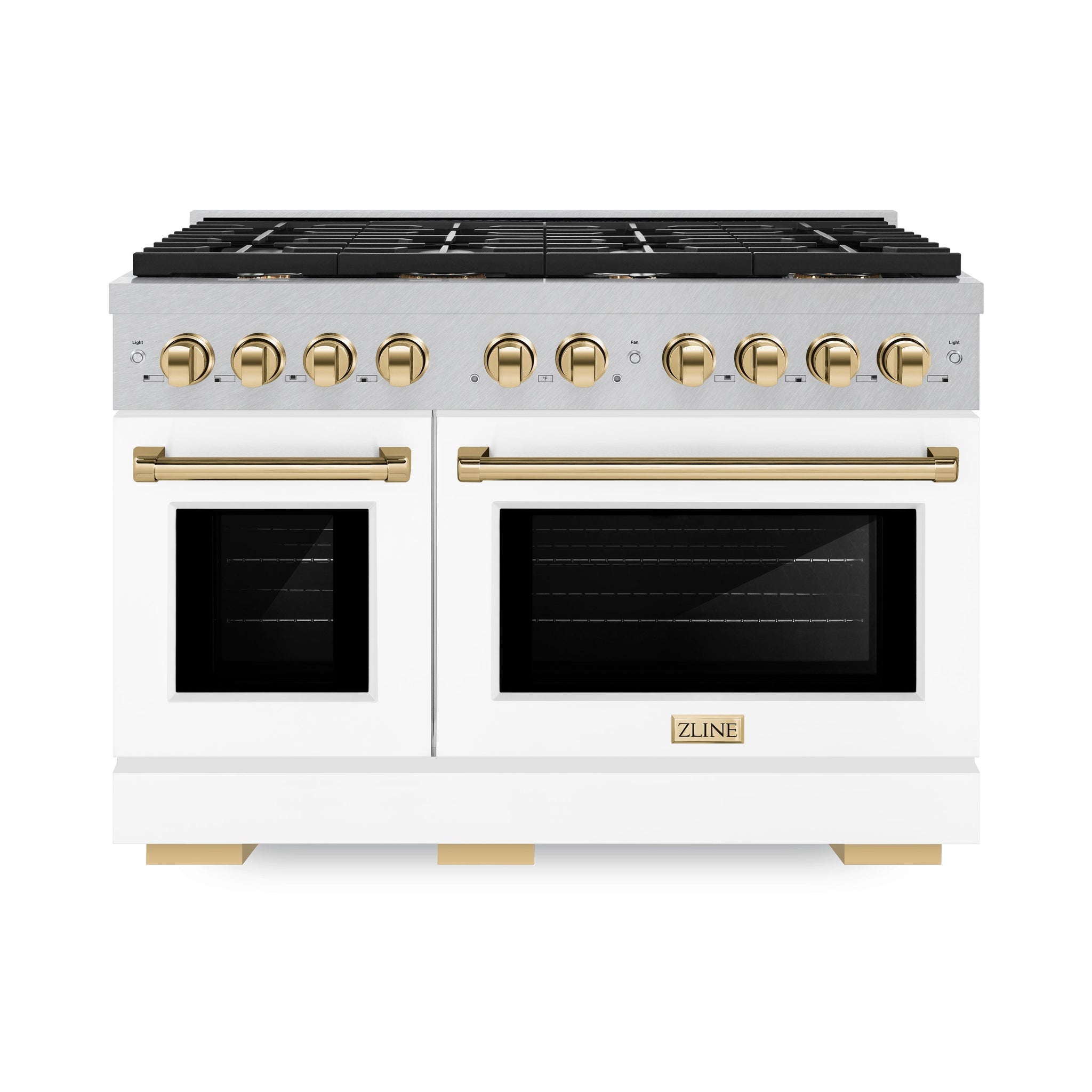 ZLINE Autograph Edition 48 in. 6.7 cu. ft. Paramount Double Oven Gas Range with 8 Burner Cooktop in Satin Stainless Steel with White Matte Doors and Polished Gold Accents (SGRSZ-WM-48-G)