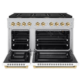 ZLINE Autograph Edition 48 in. 6.7 cu. ft. Paramount Double Oven Gas Range with 8 Burner Cooktop in Satin Stainless Steel with White Matte Doors and Polished Gold Accents (SGRSZ-WM-48-G)