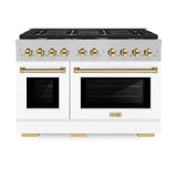 ZLINE Autograph Edition 48 in. 6.7 cu. ft. Paramount Double Oven Gas Range with 8 Burner Cooktop in Satin Stainless Steel with White Matte Doors and Polished Gold Accents (SGRSZ-WM-48-G)