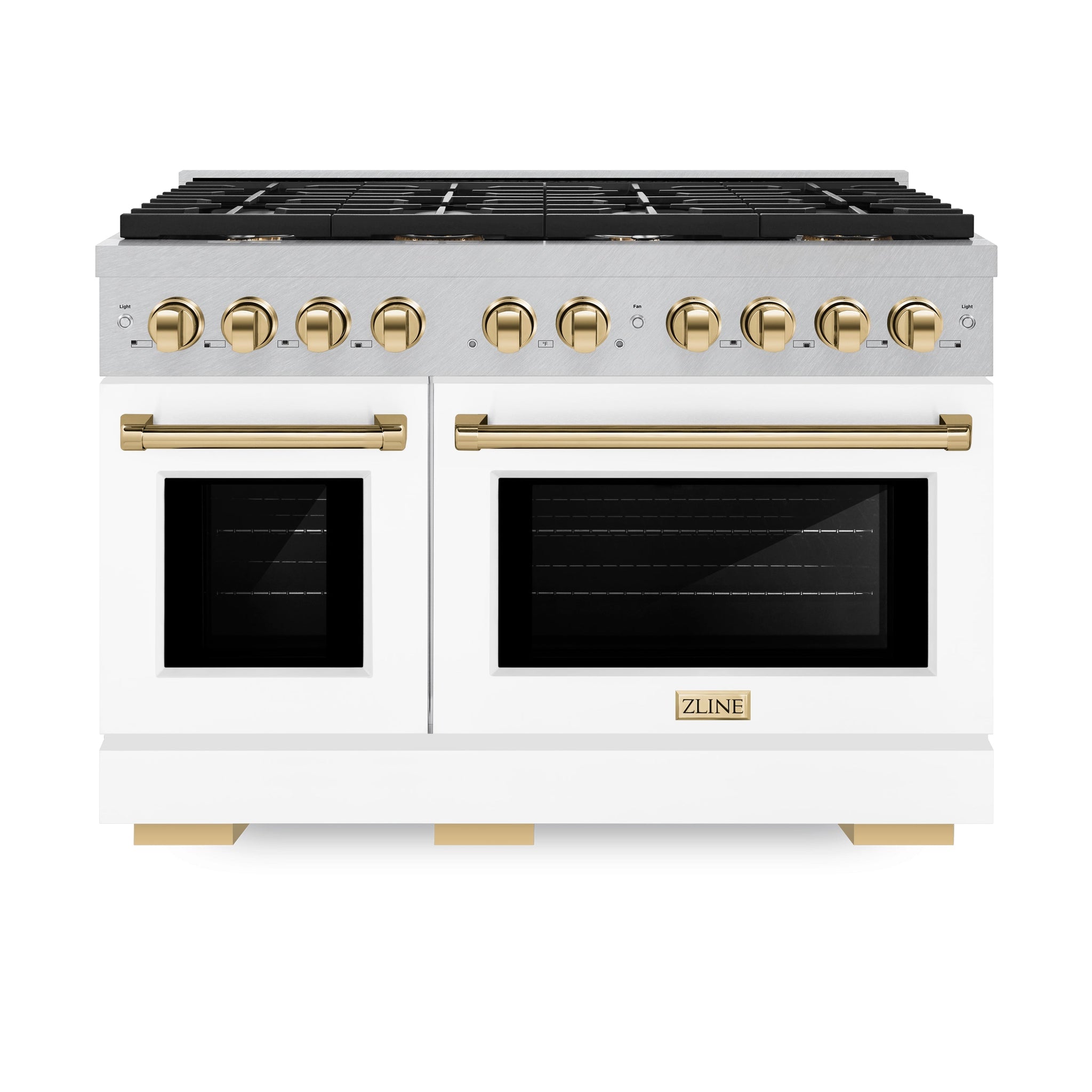 ZLINE Autograph Edition 48 in. 6.7 cu. ft. Paramount Double Oven Gas Range with 8 Burner Cooktop in Satin Stainless Steel with White Matte Doors and Polished Gold Accents (SGRSZ-WM-48-G)