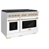ZLINE Autograph Edition 48 in. 6.7 cu. ft. Paramount Double Oven Gas Range with 8 Burner Cooktop in Satin Stainless Steel with White Matte Doors and Polished Gold Accents (SGRSZ-WM-48-G)