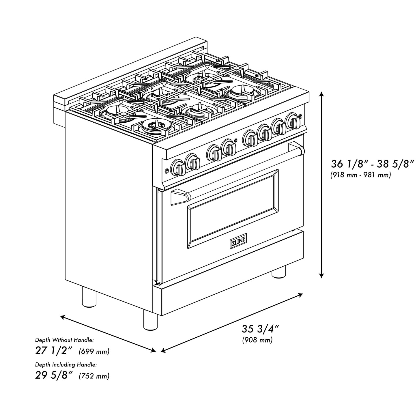 ZLINE Autograph Edition 36 in. 4.6 cu. ft. Legacy Dual Fuel Range with 6 Burner Gas Cooktop and Electric Convection Oven in Satin Stainless Steel with Black Matte Door and Champagne Bronze Accents (RASZ-BLM-36-CB)