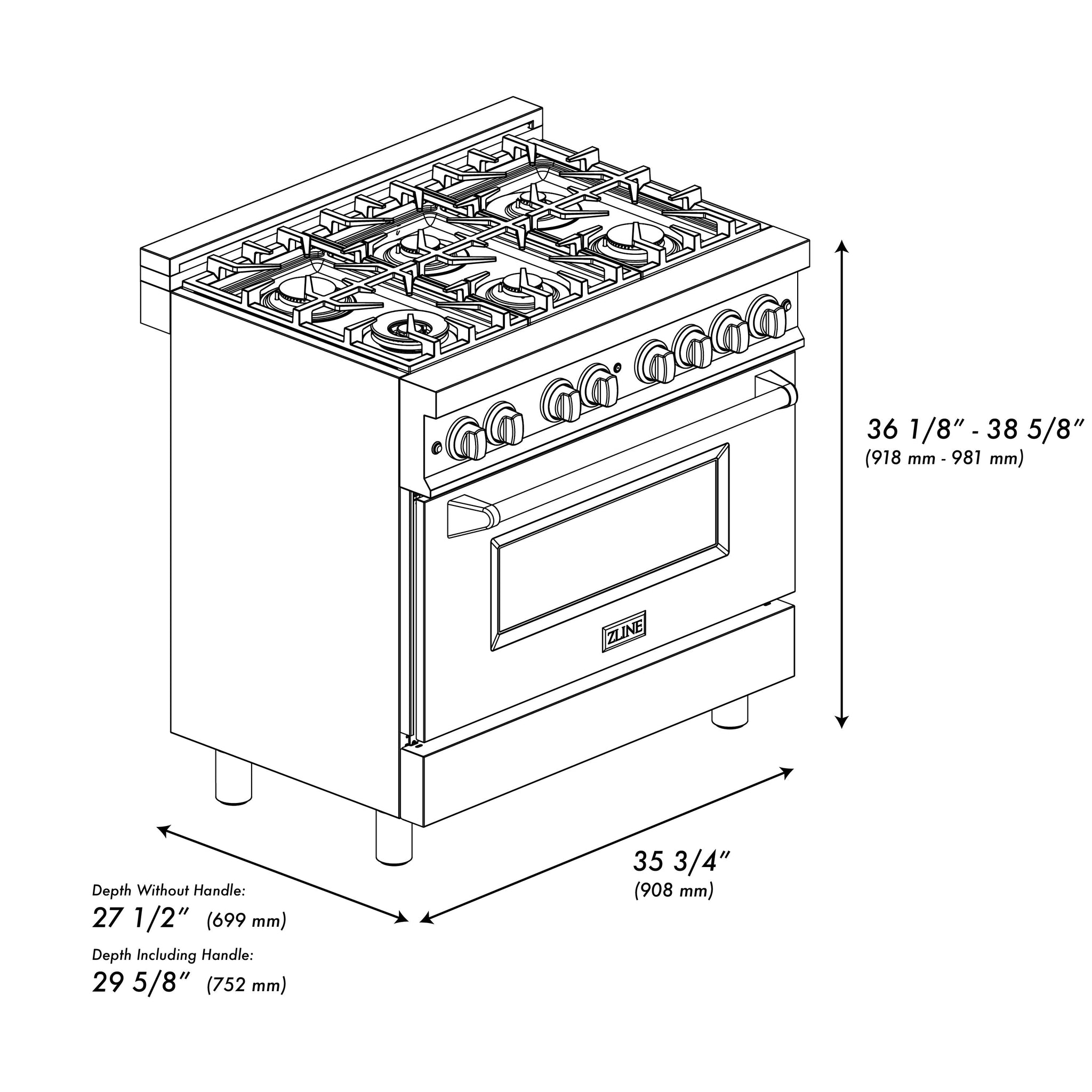 ZLINE Autograph Edition 36 in. 4.6 cu. ft. Legacy Dual Fuel Range with 6 Burner Gas Cooktop and Electric Convection Oven in Satin Stainless Steel with Black Matte Door and Polished Gold Accents (RASZ-BLM-36-G)