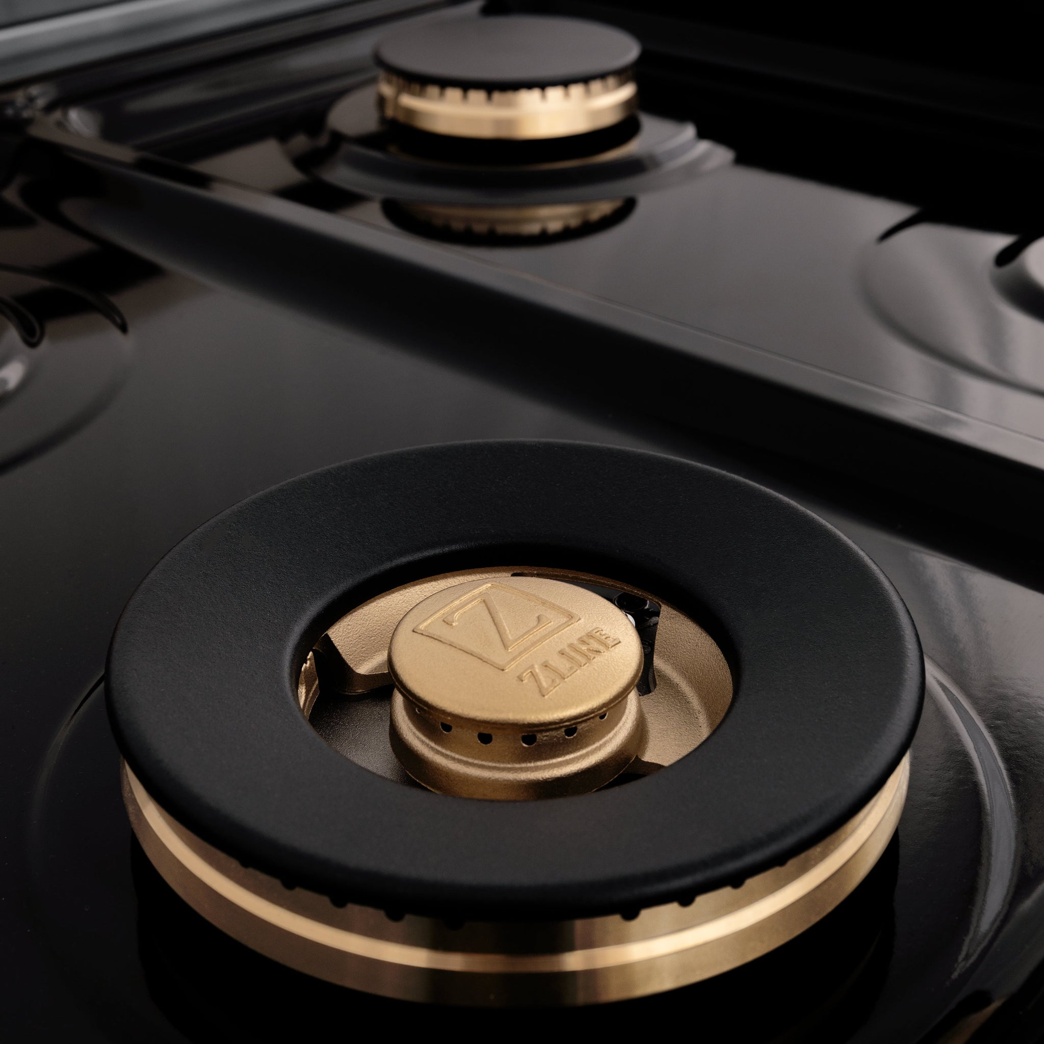 ZLINE Autograph Edition 48 in. 6.0 cu. ft. Legacy Dual Fuel Range with 7 Burner Gas Cooktop and 2 Electric Ovens in Satin Stainless Steel with Black Matte Doors and Champagne Bronze Accents (RASZ-BLM-48-CB)