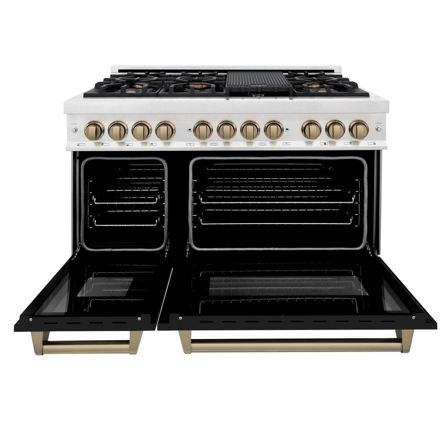 ZLINE Autograph Edition 48 in. 6.0 cu. ft. Legacy Dual Fuel Range with 7 Burner Gas Cooktop and 2 Electric Ovens in Satin Stainless Steel with Black Matte Doors and Champagne Bronze Accents (RASZ-BLM-48-CB)