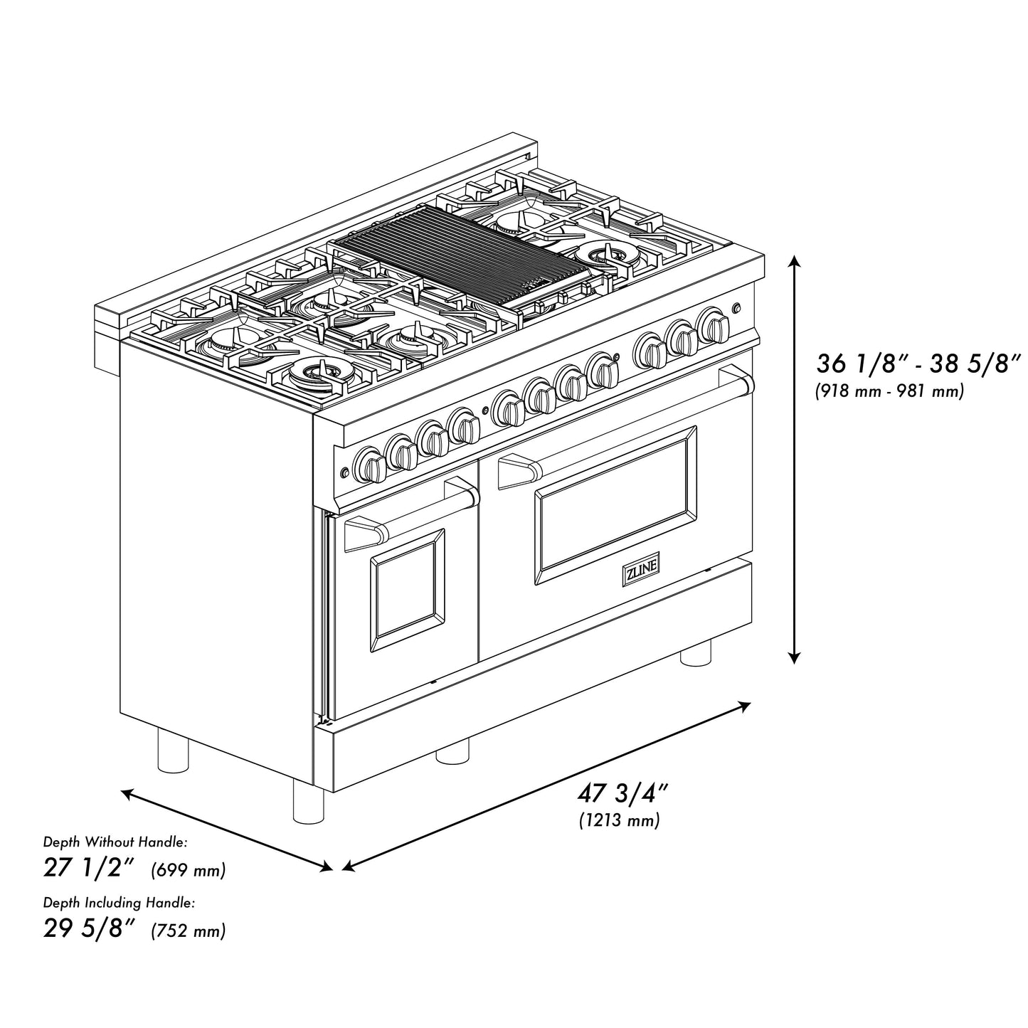ZLINE Autograph Edition 48 in. 6.0 cu. ft. Legacy Dual Fuel Range with 7 Burner Gas Cooktop and 2 Electric Ovens in Satin Stainless Steel with Black Matte Doors and Polished Gold Accents (RASZ-BLM-48-G)