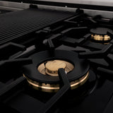 ZLINE Autograph Edition 48 in. 6.0 cu. ft. Legacy Dual Fuel Range with 7 Burner Gas Cooktop and 2 Electric Ovens in Satin Stainless Steel with Black Matte Doors and Polished Gold Accents (RASZ-BLM-48-G)
