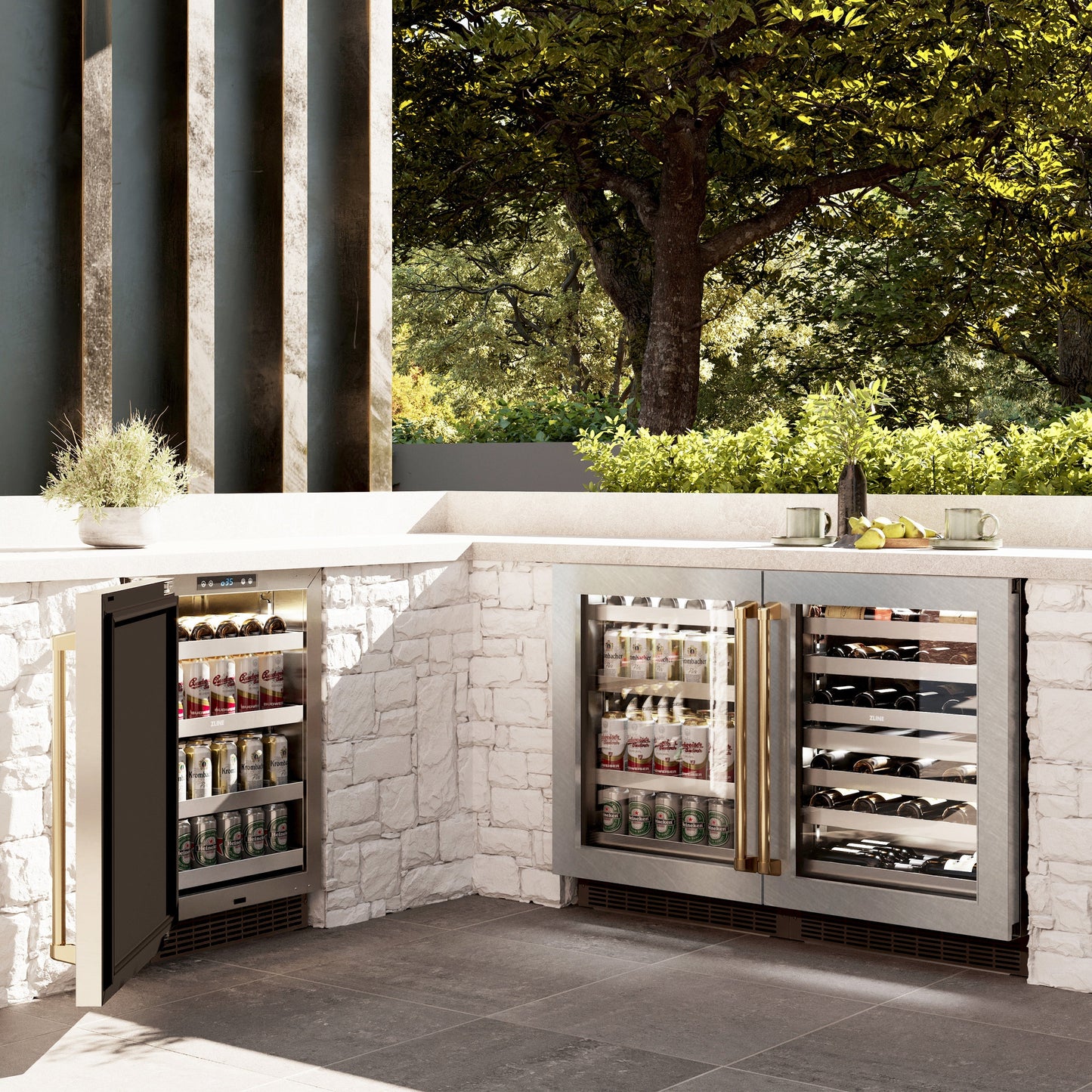 ZLINE Autograph Edition 24 in. Touchstone Dual Zone 44 Bottle Wine Cooler with Satin Stainless Steel Glass Door and Polished Gold Handle (RWDOZ-SN-24-G)