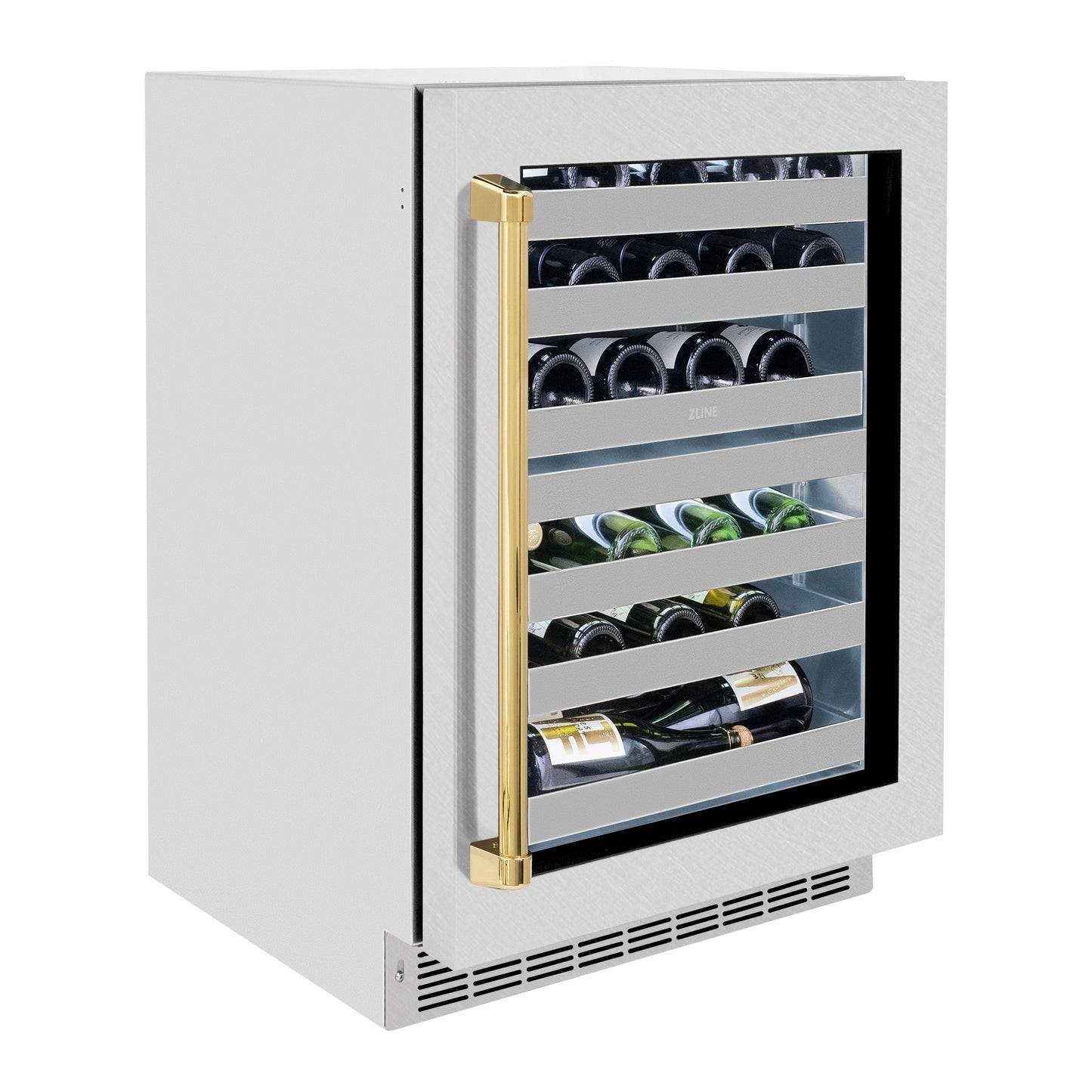 ZLINE Autograph Edition 24 in. Touchstone Dual Zone 44 Bottle Wine Cooler with Satin Stainless Steel Glass Door and Polished Gold Handle (RWDOZ-SN-24-G)