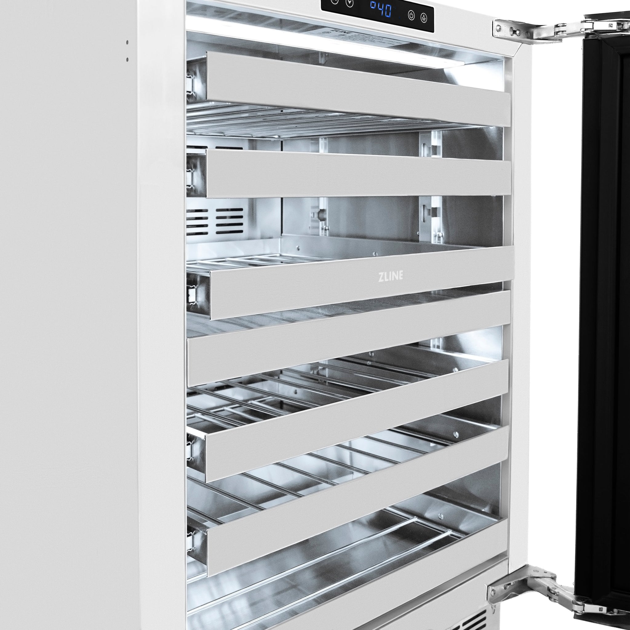 ZLINE Autograph Edition 24 in. Touchstone Dual Zone 44 Bottle Wine Cooler with Satin Stainless Steel Glass Door and Polished Gold Handle (RWDOZ-SN-24-G)