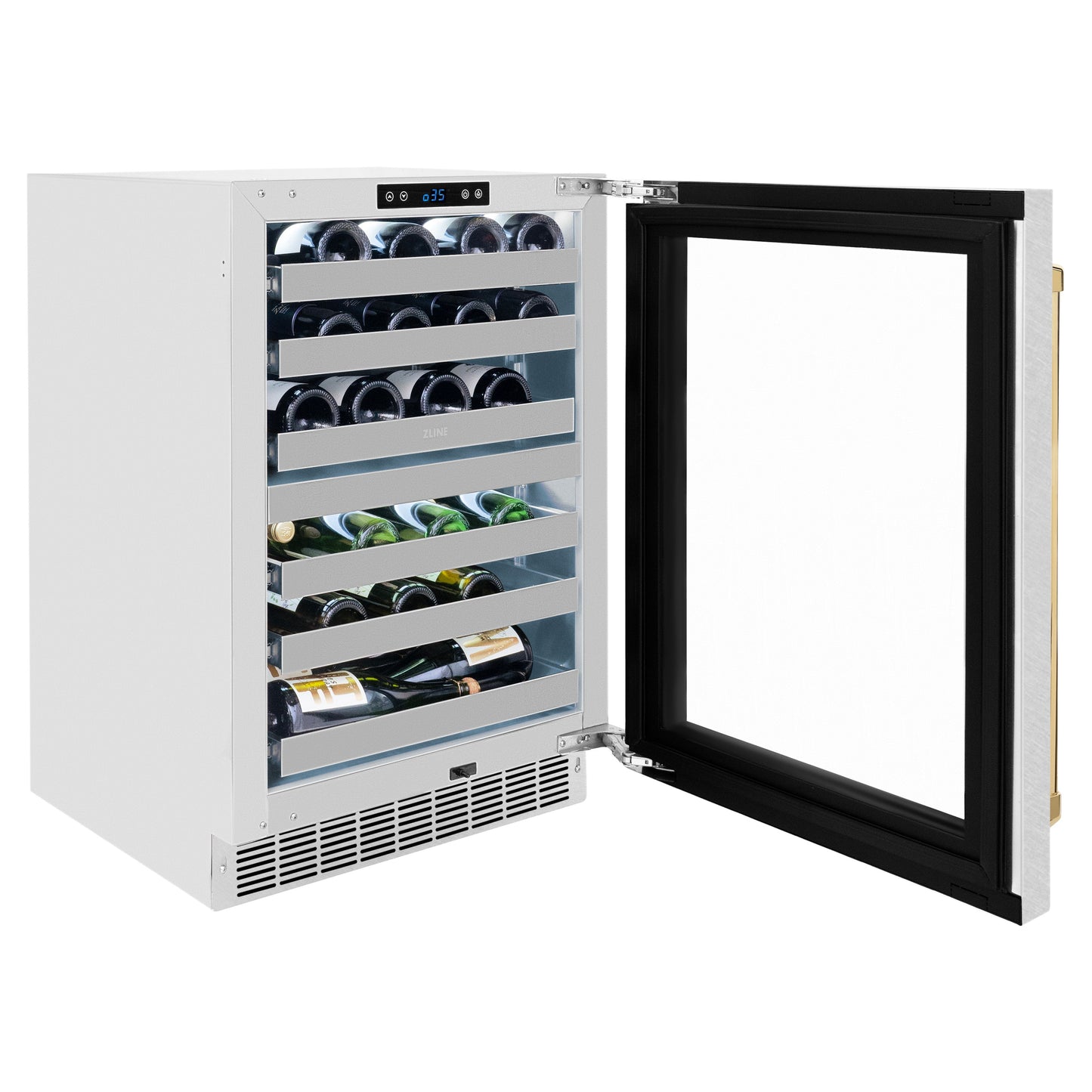 ZLINE Autograph Edition 24 in. Touchstone Dual Zone 44 Bottle Wine Cooler with Satin Stainless Steel Glass Door and Polished Gold Handle (RWDOZ-SN-24-G)