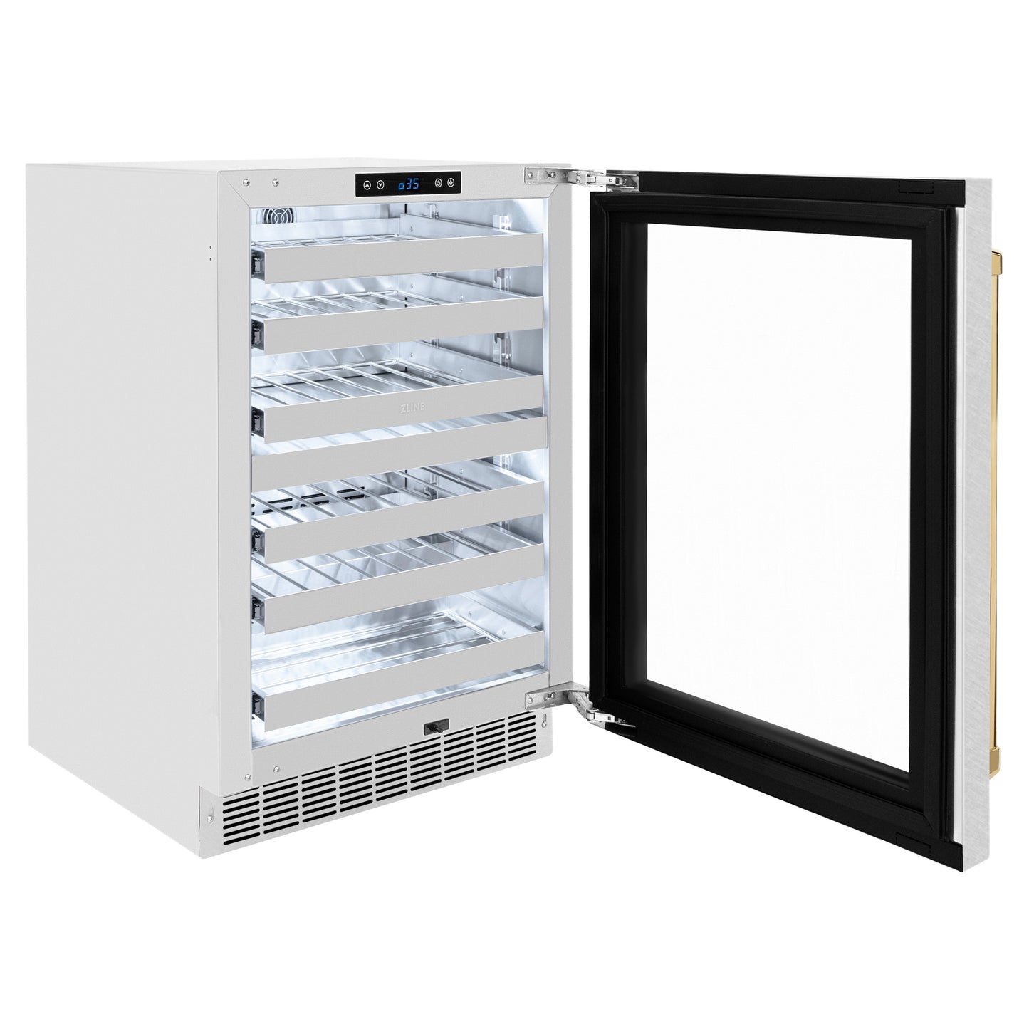 ZLINE Autograph Edition 24 in. Touchstone Dual Zone 44 Bottle Wine Cooler with Satin Stainless Steel Glass Door and Polished Gold Handle (RWDOZ-SN-24-G)
