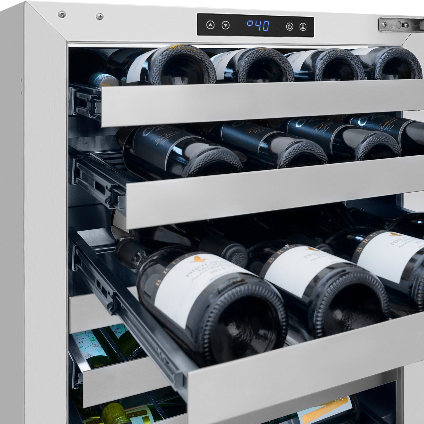 ZLINE Autograph Edition 24 in. Touchstone Dual Zone 44 Bottle Wine Cooler with Satin Stainless Steel Glass Door and Matte Black Handle (RWDOZ-SN-24-MB)