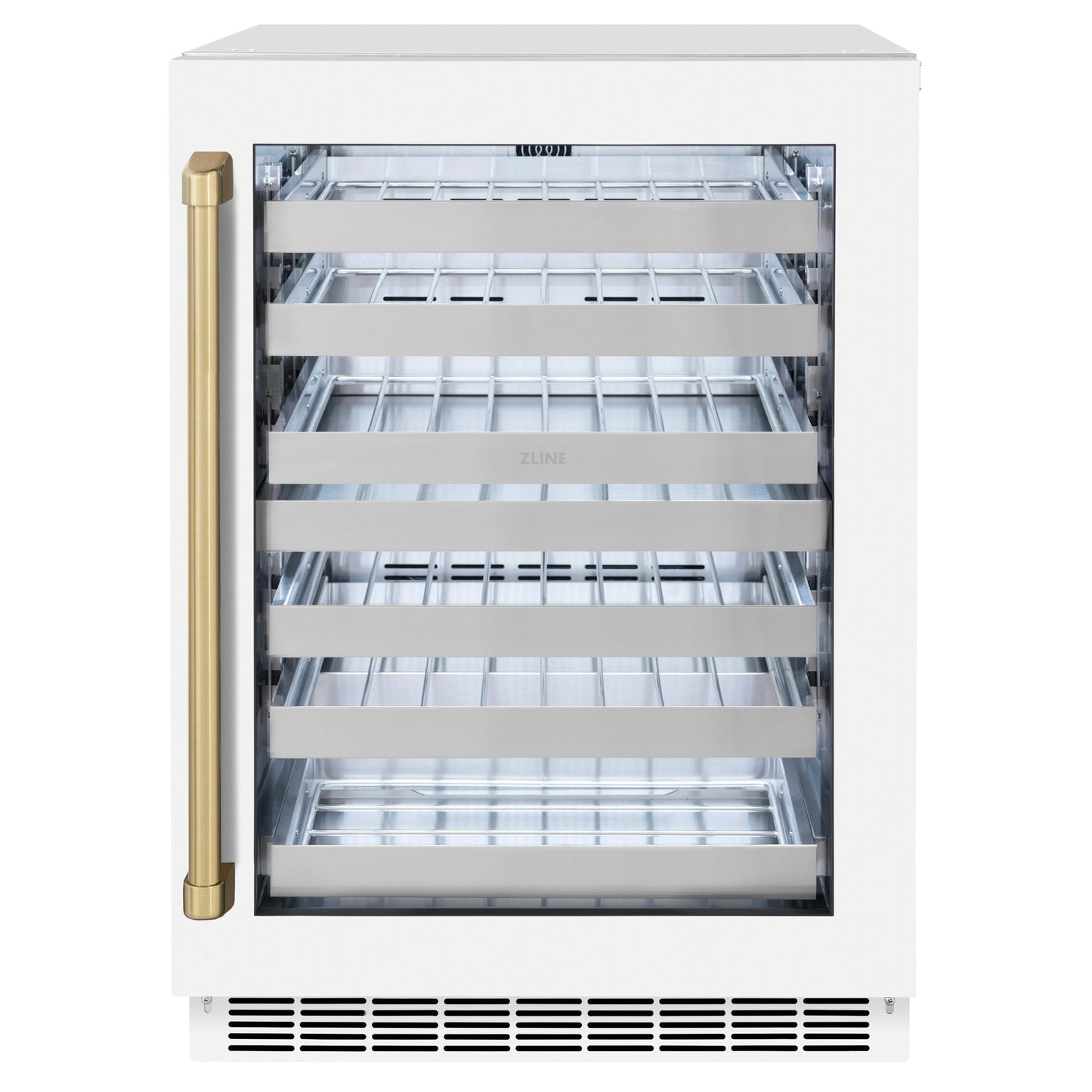ZLINE Autograph Edition 24 in. Touchstone Dual Zone 44 Bottle Wine Cooler With White Matte Glass Door And Champagne Bronze Handle (RWDOZ-WM-24-CB)