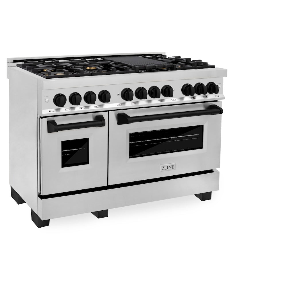 ZLINE Autograph Edition 48 in. 6.0 cu. ft. Legacy Dual Fuel Range with 7 Burner Gas Cooktop and 2 Electric Ovens in Stainless Steel and Matte Black Accents (RAZ-48-MB)