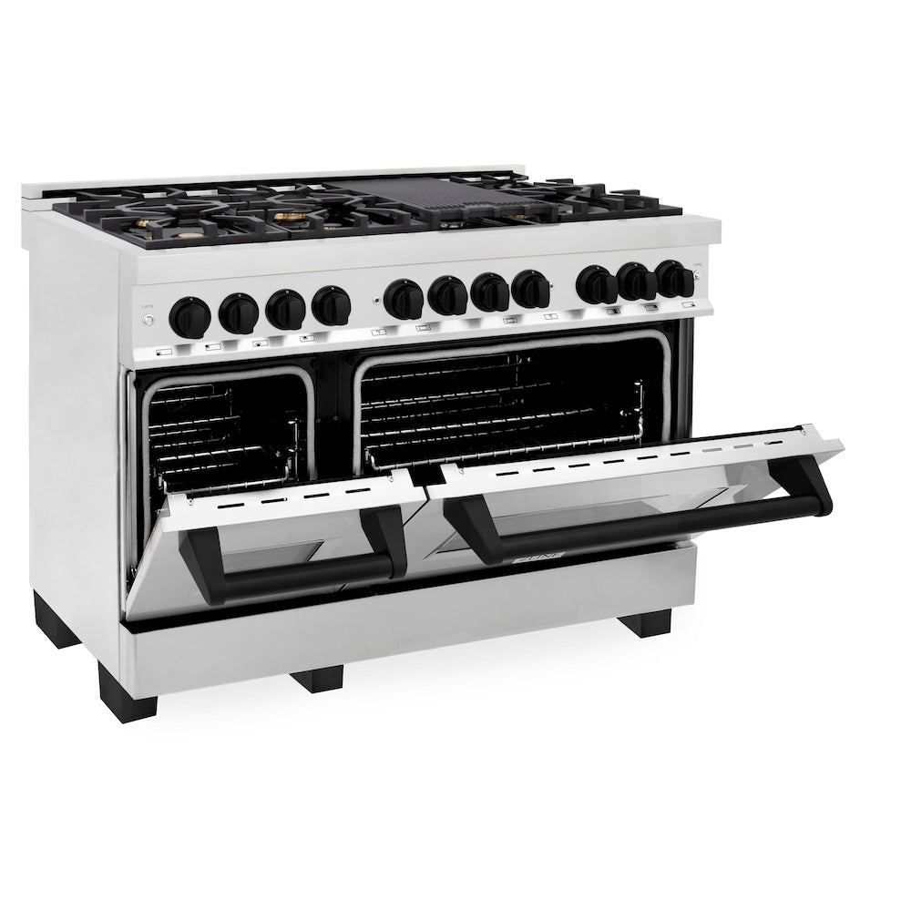 ZLINE Autograph Edition 48 in. 6.0 cu. ft. Legacy Dual Fuel Range with 7 Burner Gas Cooktop and 2 Electric Ovens in Stainless Steel and Matte Black Accents (RAZ-48-MB)
