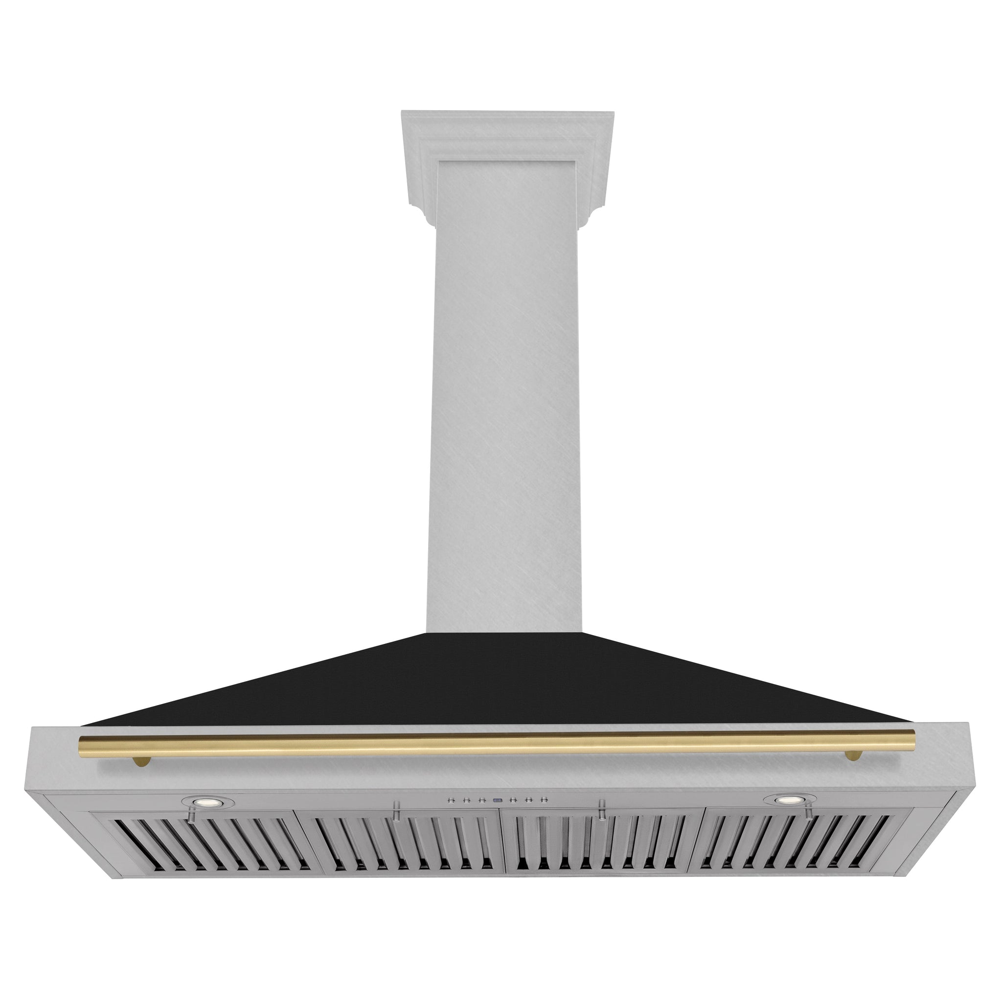 ZLINE Autograph Edition 48 in. Convertible Satin Stainless Steel Wall Mount Range Hood with Black Matte Shell and Polished Gold Handle (KB4SNZ-BLM48-G)