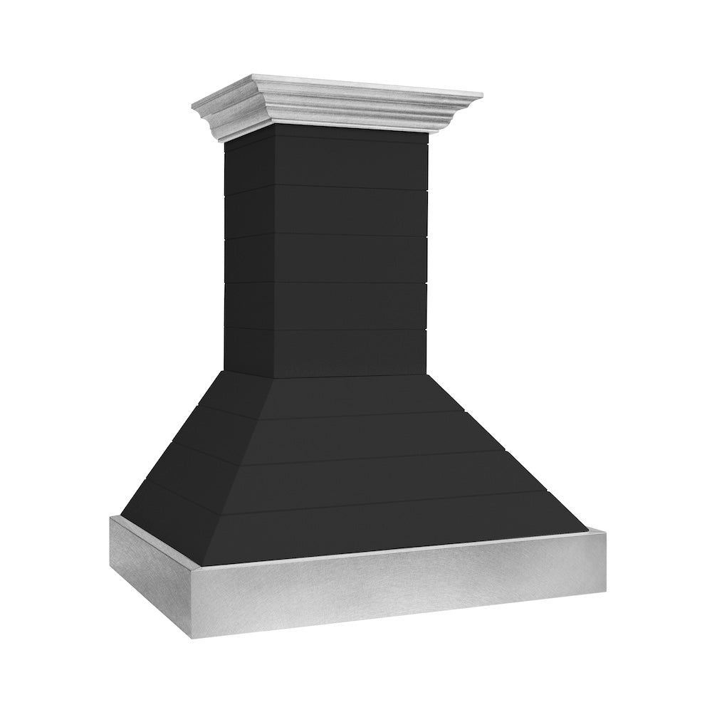 ZLINE 30 in. Wooden Wall Mount Range Hood in Rustic Shiplap Black Finish with Stainless Steel Accents (365CC-30)