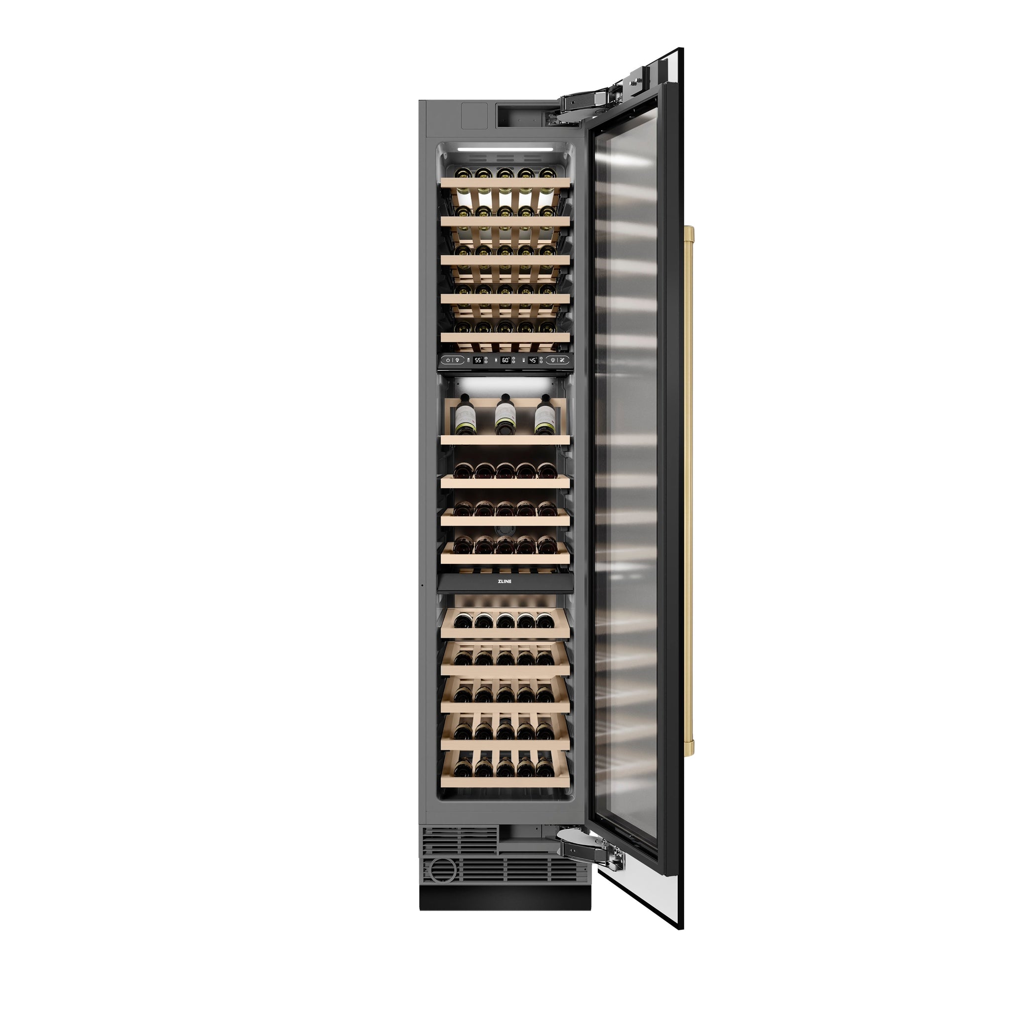 ZLINE Autograph Edition 18 in. 9.0 cu. ft. Triple Zone 68 Bottle Right Hinge Column Wine Cooler in Black Stainless Steel with Champagne Bronze Accents (RCWVRZ-BS-18-CB)