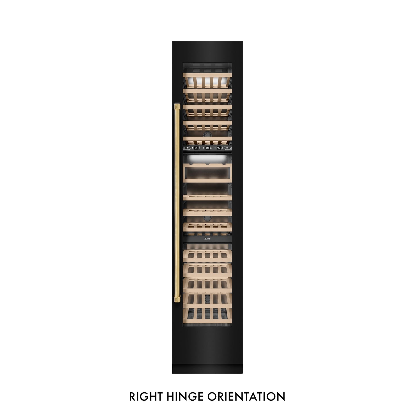 ZLINE Autograph Edition 18 in. 9.0 cu. ft. Triple Zone 68 Bottle Right Hinge Column Wine Cooler in Black Stainless Steel with Polished Gold Accents (RCWVRZ-BS-18-G)