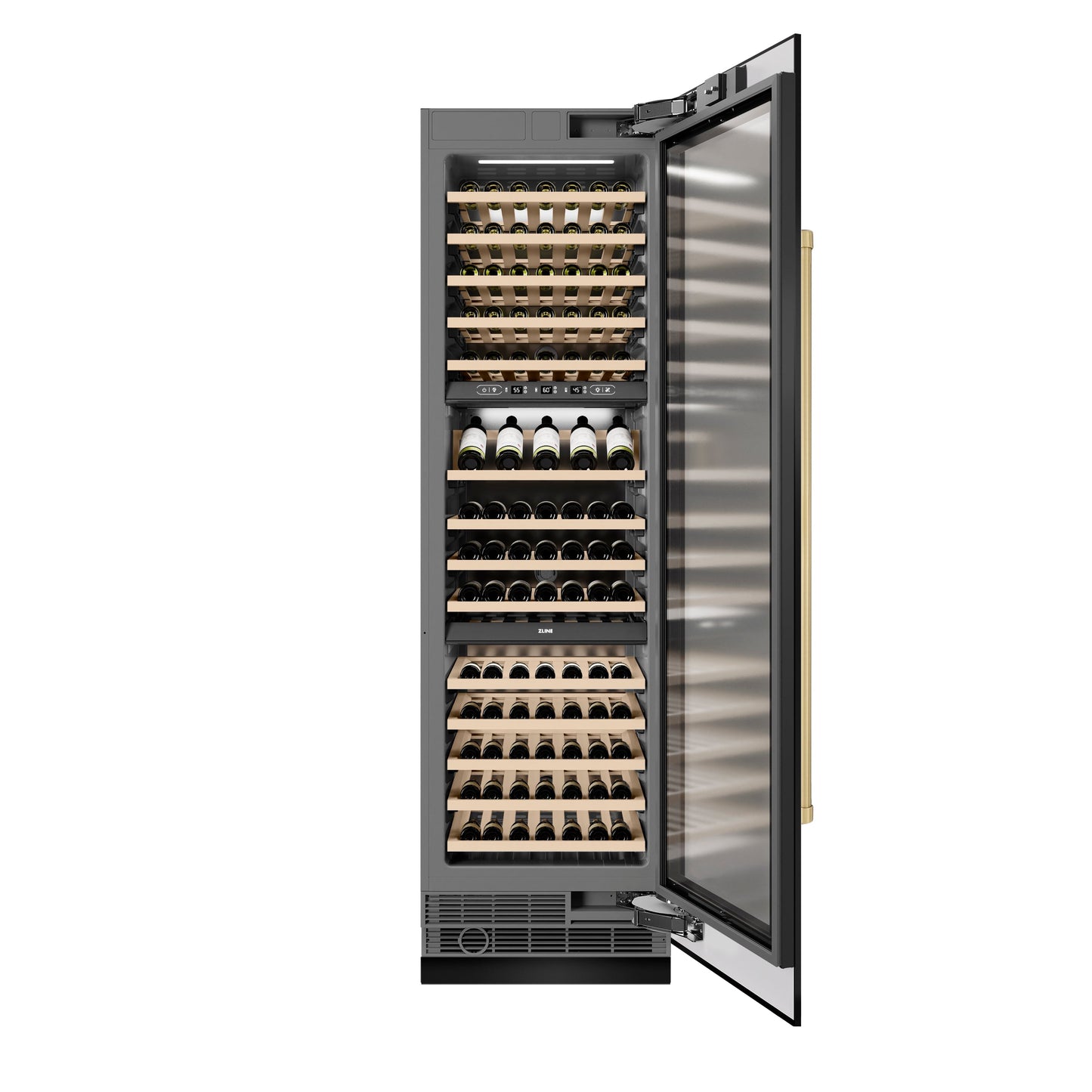 ZLINE Autograph Edition 24 in. 12.4 cu. ft. Triple Zone 100 Bottle Column Wine Cooler in Black Stainless Steel and Champagne Bronze Accents (RCWVZ-BS-24-CB)