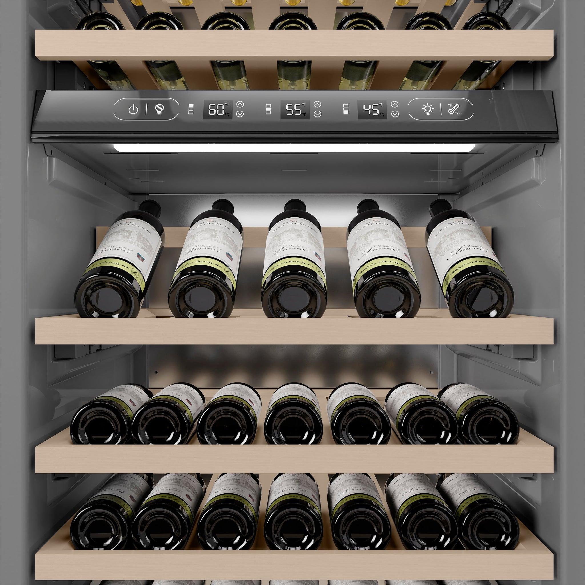 ZLINE Autograph Edition 24 in. 12.4 cu. ft. Triple Zone 100 Bottle Column Wine Cooler in Black Stainless Steel and Polished Gold Accents (RCWVZ-BS-24-G)